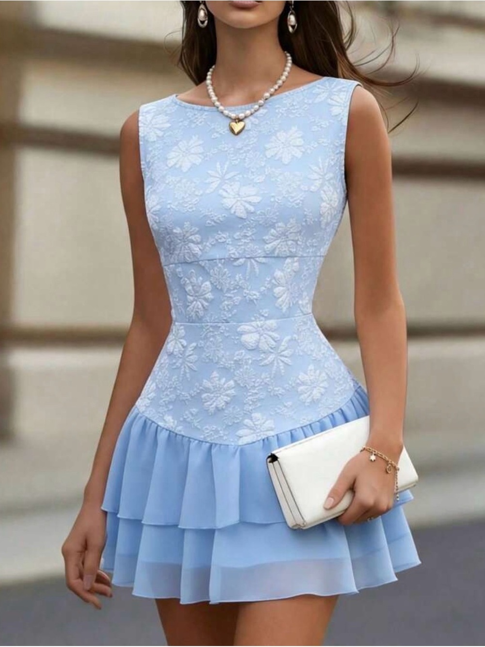 Sleeveless Light Blue Floral Tiered Mini Dress